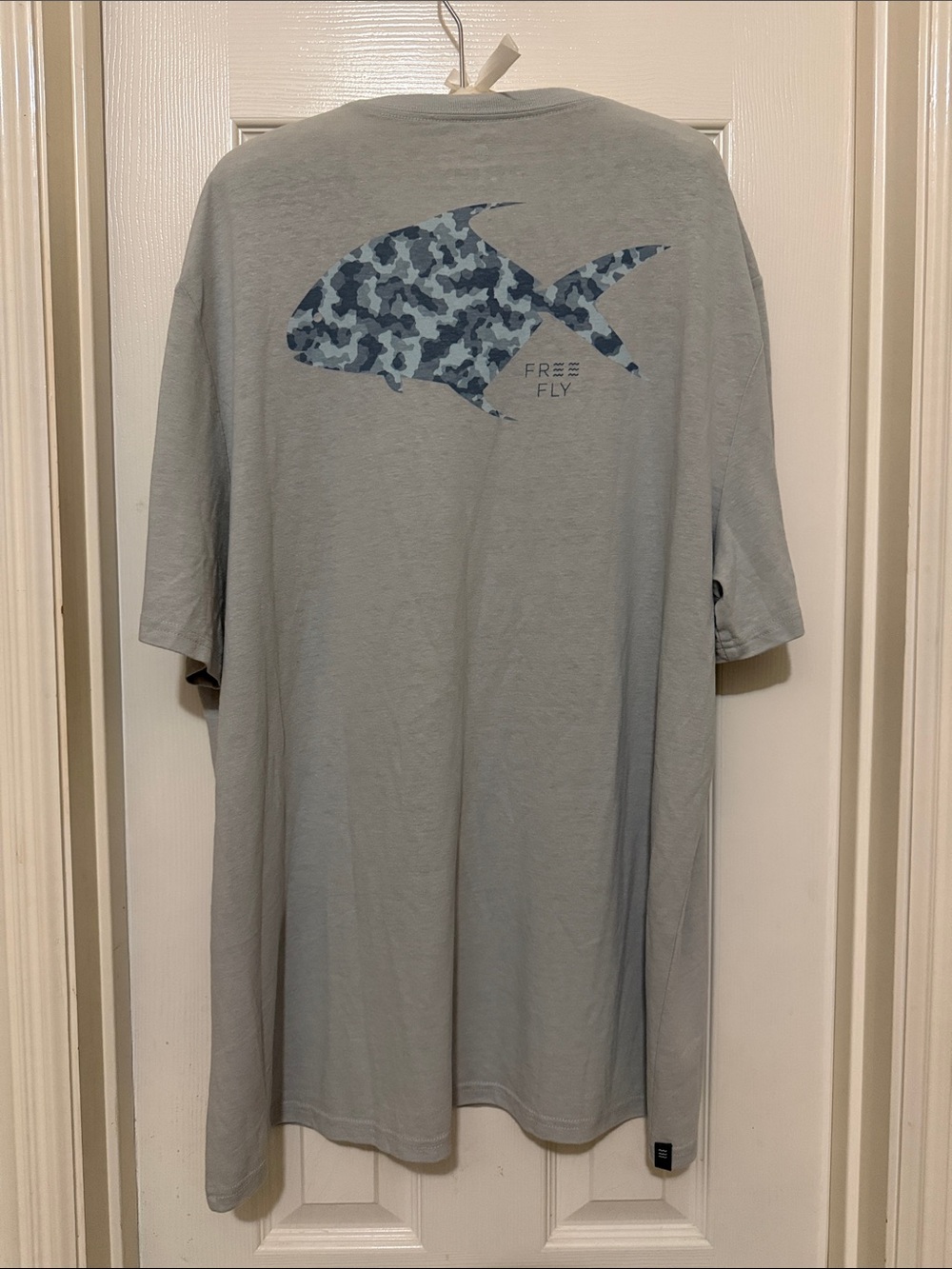 Free Fly Apparel Light Gray Tee with Blue Camo Fish Graphic